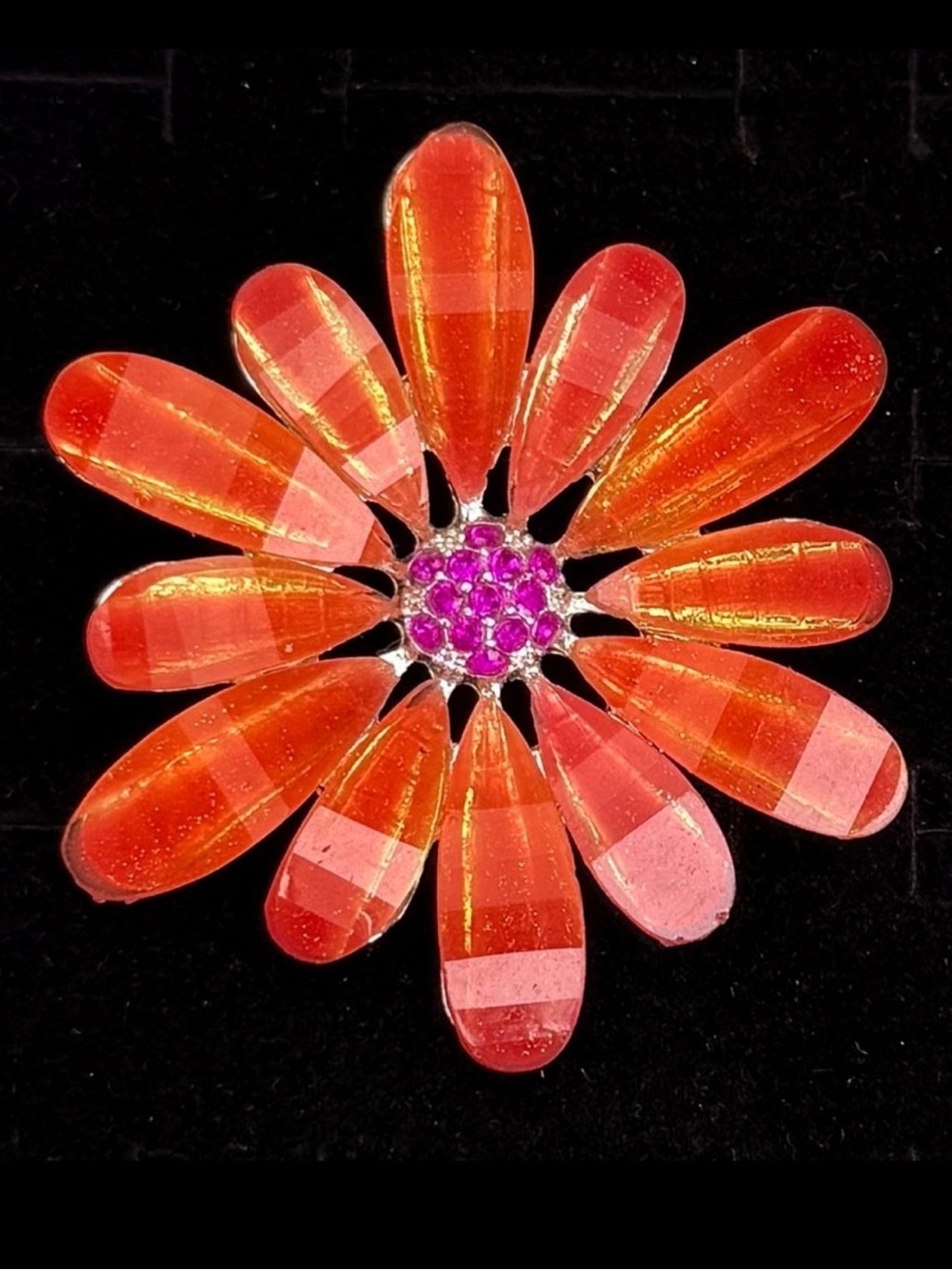 Large Orange and Pink Reflective Flower Brooch Pin